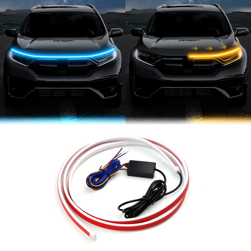 JUPIZEUS Cuttable LED Car Under Hood Light Strip Automotive Engine LED Strips Turning Light Guide Decorative Waterproof IP66 Daytime Exterior Decoration Accessories DC 15V Light Blue  Yellow 591in